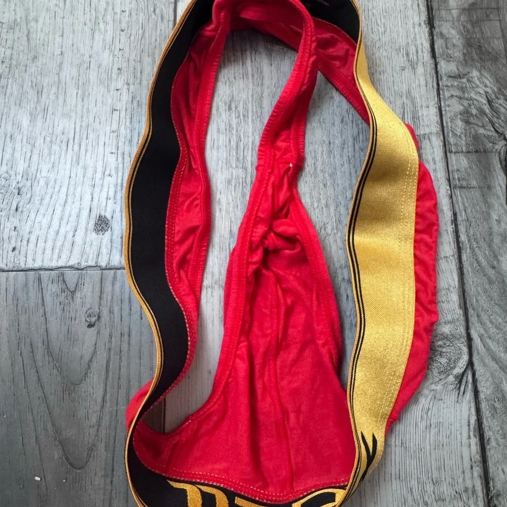 JJSox Men’s Sexy Red and Gold Modal Thong Large Miami